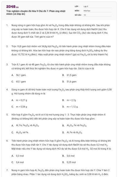 Trắc nghiệm chuyên đề Hóa 9 Chủ đề 7: Phản ứng nhiệt nhôm (có đáp án)