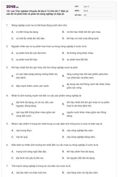 161 câu Trắc nghiệm Chuyên đề Địa lí 12 Chủ đề 7: Một số vấn đề về phát triển và phân bố nông nghiệp có đáp án