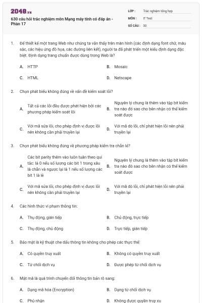 630 câu hỏi trắc nghiệm môn Mạng máy tính có đáp án - Phần 17