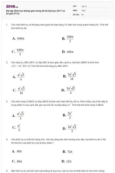 Bài tập Hình học không gian trong đề thi Đại học 2017 có lời giải (P13)