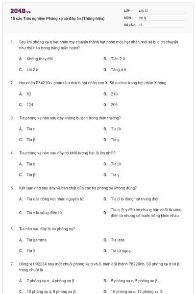 15 câu Trắc nghiệm Phóng xạ có đáp án (Thông hiểu)