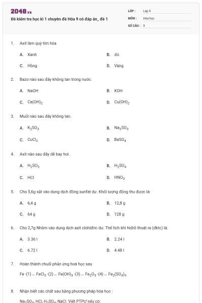 Đề kiểm tra học kì 1 chuyên đề Hóa 9 có đáp án_ đề 1