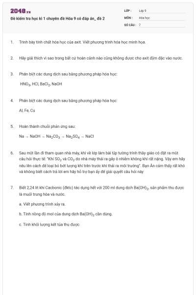 Đề kiểm tra học kì 1 chuyên đề Hóa 9 có đáp án_ đề 2