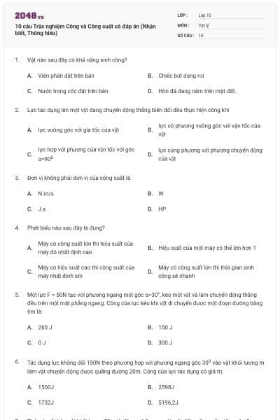 10 câu Trắc nghiệm Công và Công suất có đáp án (Nhận biết, Thông hiểu)