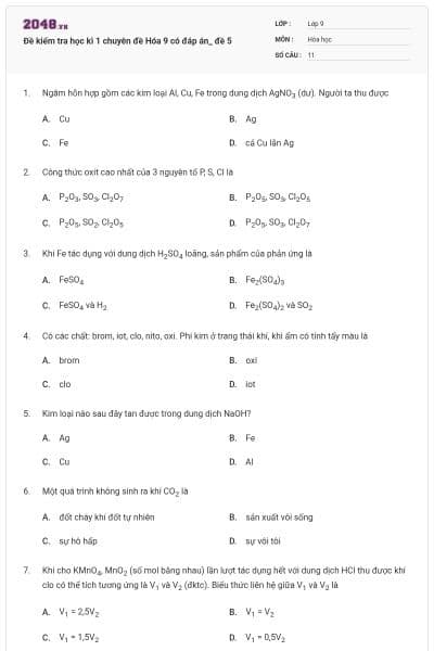 Đề kiểm tra học kì 1 chuyên đề Hóa 9 có đáp án_ đề 5