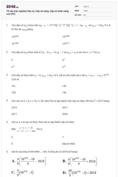 70 câu trắc nghiệm Dãy số, Cấp số cộng, Cấp số nhân nâng cao (P3)