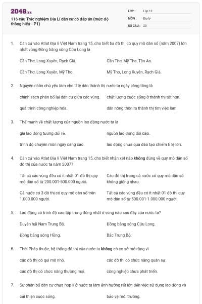 116 câu  Trắc nghiệm Địa Lí dân cư có đáp án (mức độ thông hiểu - P1)