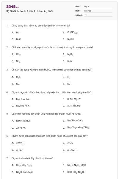 Bộ 30 đề thi học kì 1 Hóa 9 có đáp án_ đề 3