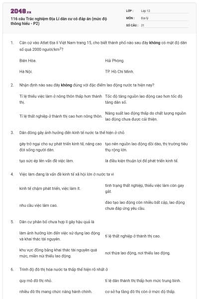 116 câu  Trắc nghiệm Địa Lí dân cư có đáp án (mức độ thông hiểu - P2)