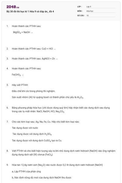 Bộ 30 đề thi học kì 1 Hóa 9 có đáp án_ đề 4