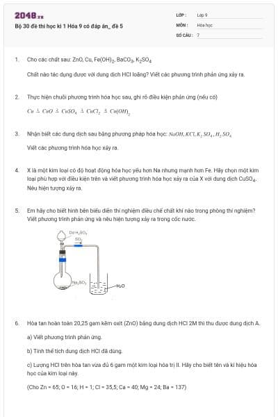 Bộ 30 đề thi học kì 1 Hóa 9 có đáp án_ đề 5