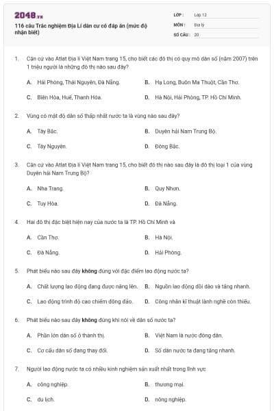 116 câu Trắc nghiệm Địa Lí dân cư có đáp án (mức độ nhận biết)