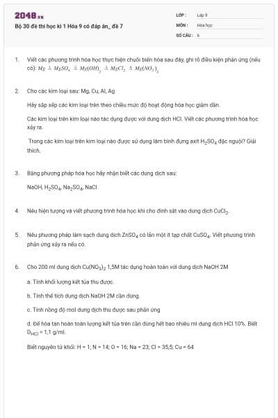 Bộ 30 đề thi học kì 1 Hóa 9 có đáp án_ đề 7