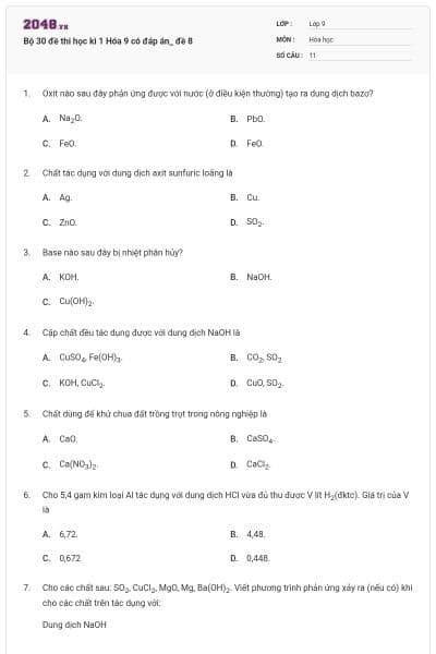 Bộ 30 đề thi học kì 1 Hóa 9 có đáp án_ đề 8