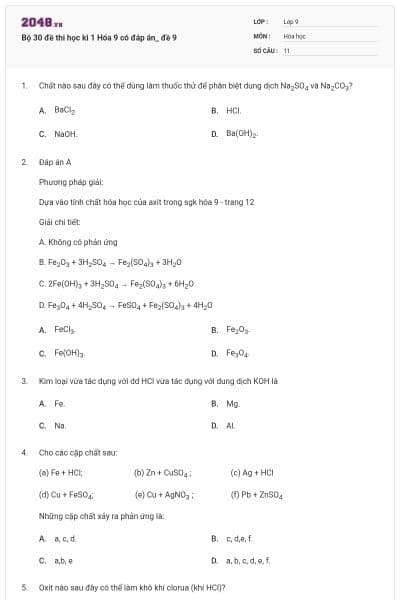 Bộ 30 đề thi học kì 1 Hóa 9 có đáp án_ đề 9