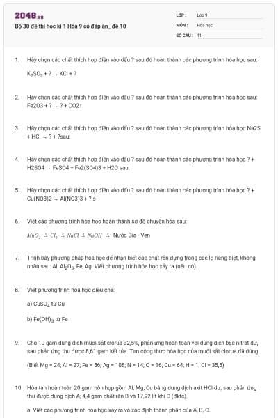 Bộ 30 đề thi học kì 1 Hóa 9 có đáp án_ đề 10