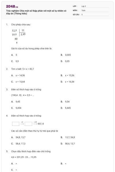 Trắc nghiệm Chia một số thập phân với một số tự nhiên có đáp án (Thông hiểu)