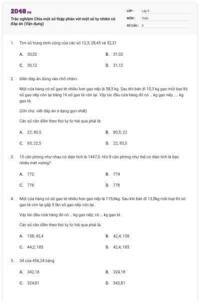 Trắc nghiệm Chia một số thập phân với một số tự nhiên có đáp án (Vận dụng)