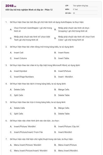 650 Câu hỏi trắc nghiệm Work có đáp án - Phần 12