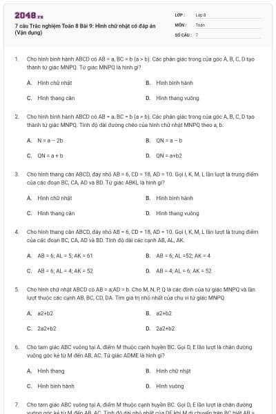 7 câu Trắc nghiệm Toán 8 Bài 9: Hình chữ nhật có đáp án (Vận dụng)