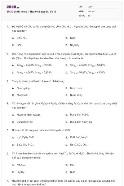 Bộ 30 đề thi học kì 1 Hóa 9 có đáp án_ đề 11