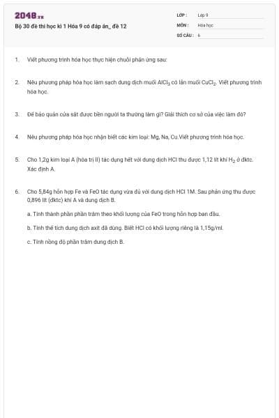 Bộ 30 đề thi học kì 1 Hóa 9 có đáp án_ đề 12