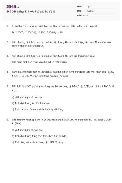Bộ 30 đề thi học kì 1 Hóa 9 có đáp án_ đề 13