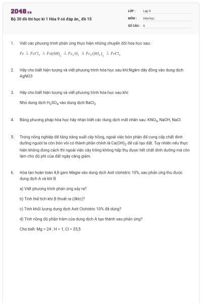 Bộ 30 đề thi học kì 1 Hóa 9 có đáp án_ đề 15