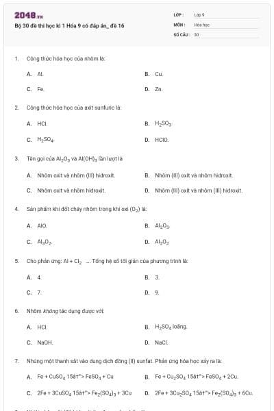 Bộ 30 đề thi học kì 1 Hóa 9 có đáp án_ đề 16