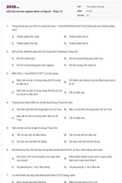 650 Câu hỏi trắc nghiệm Work có đáp án - Phần 14