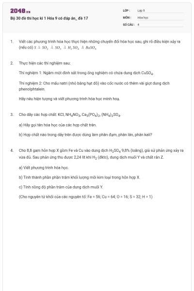 Bộ 30 đề thi học kì 1 Hóa 9 có đáp án_ đề 17