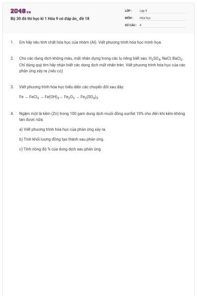 Bộ 30 đề thi học kì 1 Hóa 9 có đáp án_ đề 18