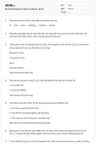 Bộ 30 đề thi học kì 1 Hóa 9 có đáp án_ đề 20