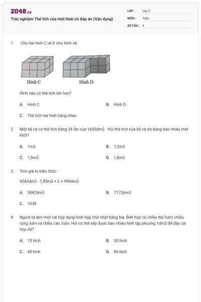 Trắc nghiệm Thể tích của một hình có đáp án (Vận dụng)