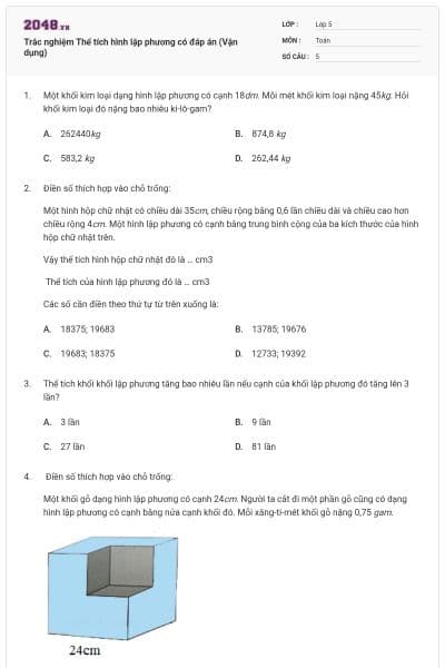 Trắc nghiệm Thể tích hình lập phương có đáp án (Vận dụng)