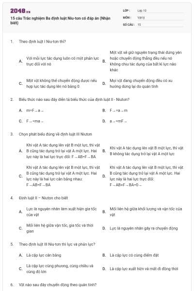 15 câu Trắc nghiệm Ba định luật Niu-tơn có đáp án (Nhận biết)