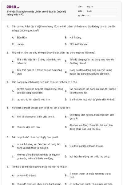 116 câu Trắc nghiệm Địa Lí dân cư có đáp án (mức độ thông hiểu - P2)