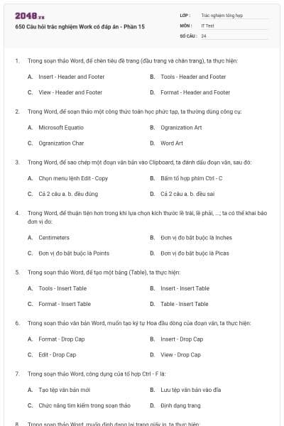 650 Câu hỏi trắc nghiệm Work có đáp án - Phần 15