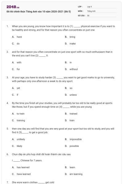 Đề thi chính thức Tiếng Anh vào 10 năm 2020-2021 (Đề 5)