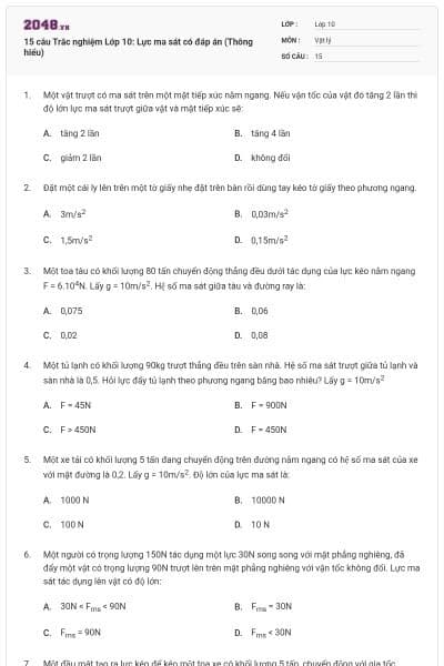 15 câu Trắc nghiệm Lớp 10: Lực ma sát có đáp án (Thông hiểu)