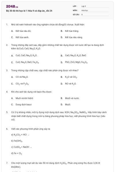 Bộ 30 đề thi học kì 1 Hóa 9 có đáp án_ đề 24