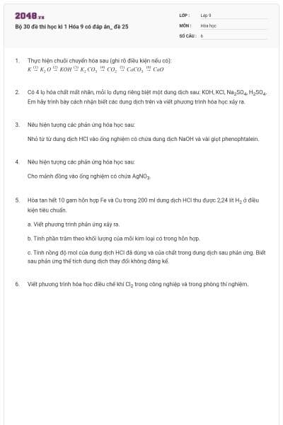 Bộ 30 đề thi học kì 1 Hóa 9 có đáp án_ đề 25