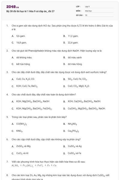 Bộ 30 đề thi học kì 1 Hóa 9 có đáp án_ đề 27