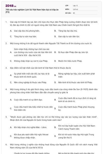 700 câu trắc nghiệm Lịch Sử Việt Nam hiện đại có đáp án (P3)