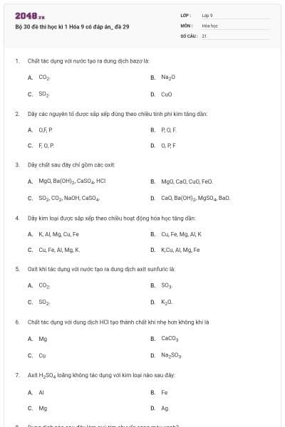 Bộ 30 đề thi học kì 1 Hóa 9 có đáp án_ đề 29