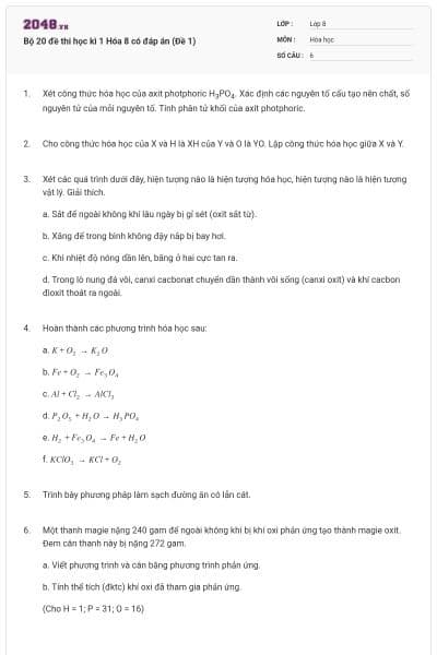 Bộ 20 đề thi học kì 1 Hóa 8 có đáp án (Đề 1)