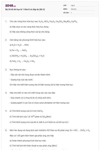 Bộ 20 đề thi học kì 1 Hóa 8 có đáp án (Đề 3)