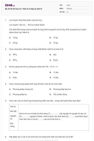 Bộ 20 đề thi học kì 1 Hóa 8 có đáp án (Đề 5)