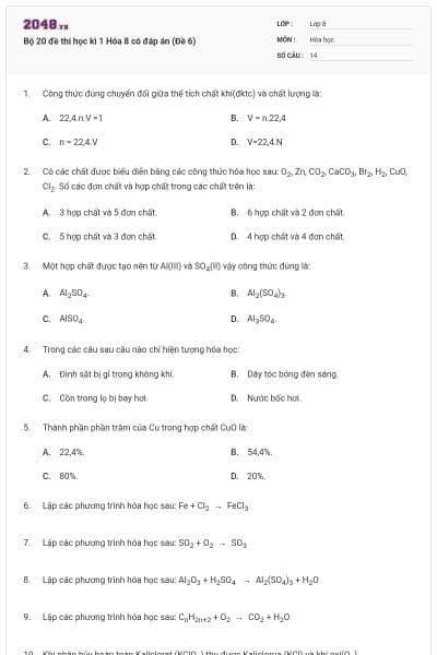 Bộ 20 đề thi học kì 1 Hóa 8 có đáp án (Đề 6)
