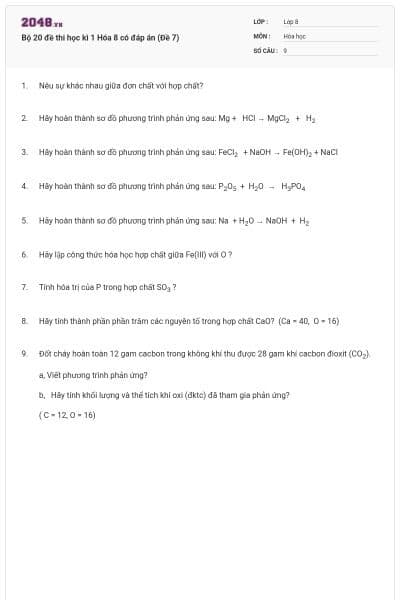 Bộ 20 đề thi học kì 1 Hóa 8 có đáp án (Đề 7)